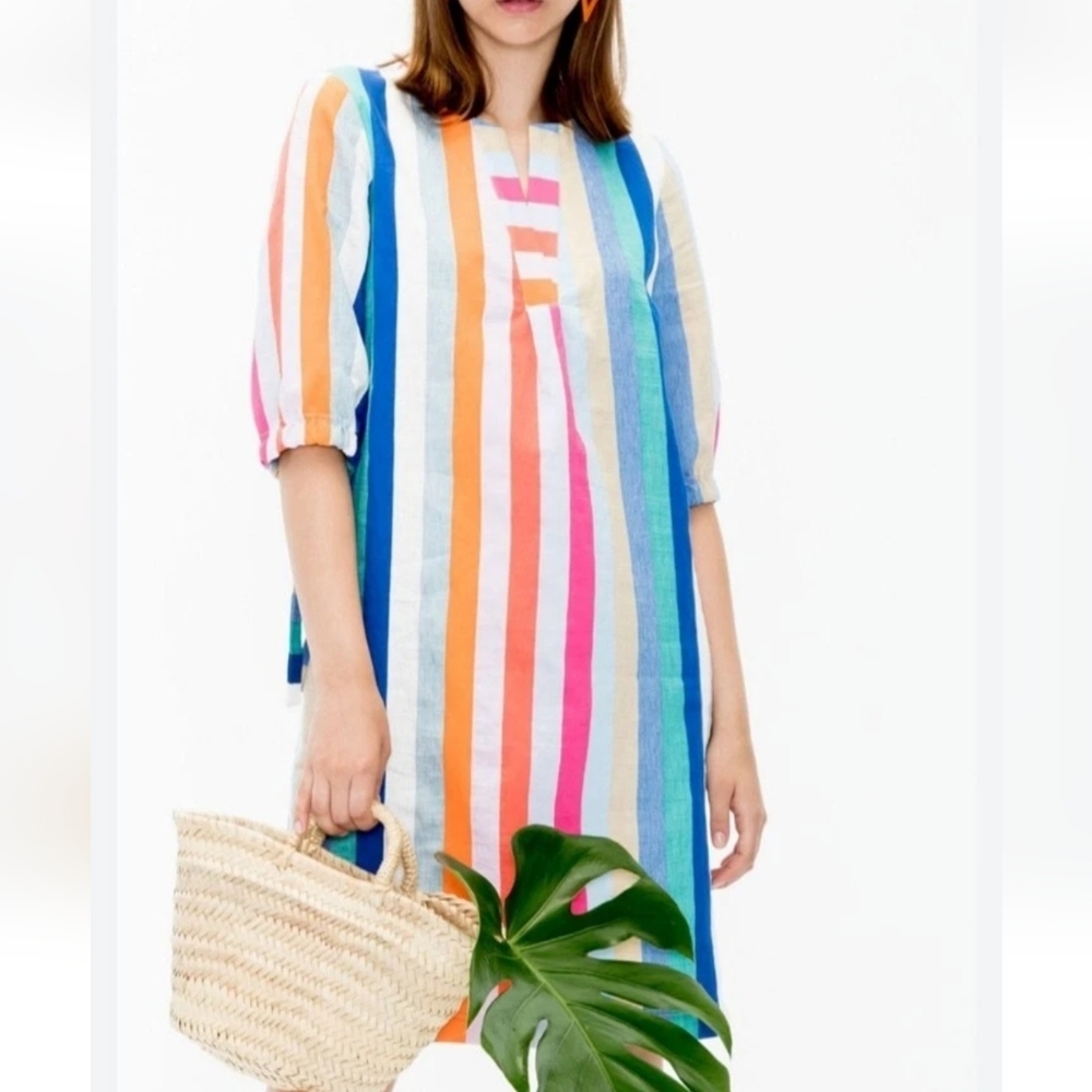 Analissa Capri Rainbow Stripe Dress Linen Blend Sz 44 Villagallo Anthropologie